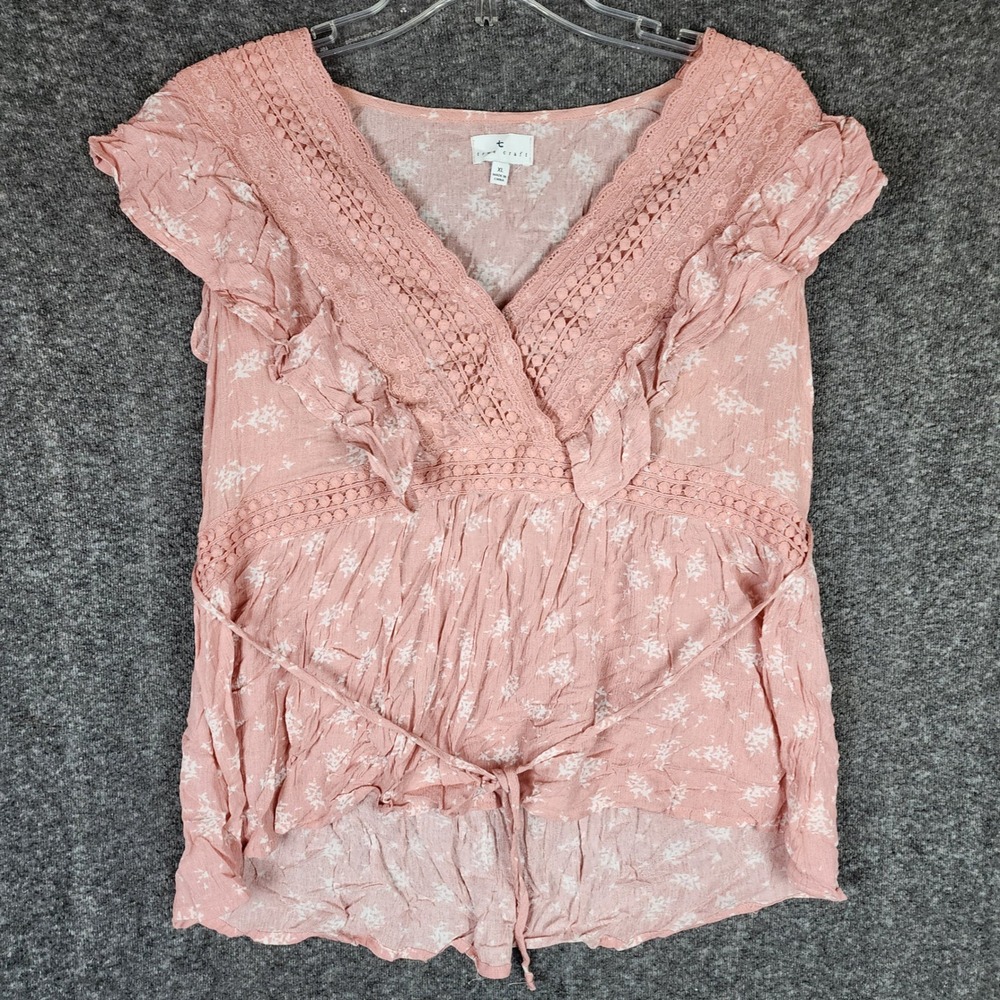 True Craft Top Womens XL Boho Ruffle Crochet Lace Pink Floral Tie Front EUC